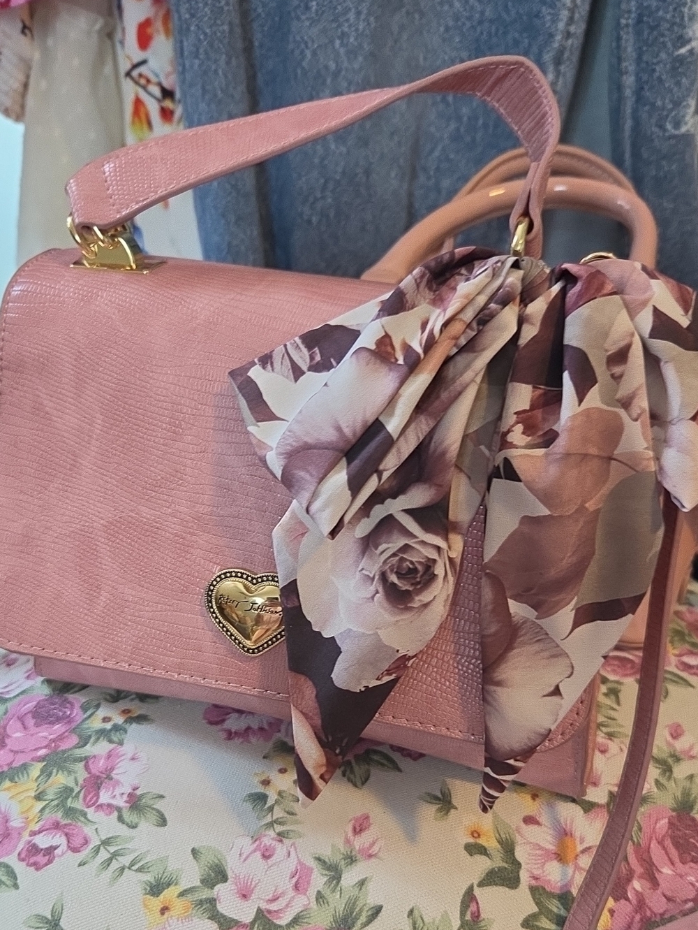 Betsey Johnson Pink Top-Handle Satchel with Floral Scarf Accent